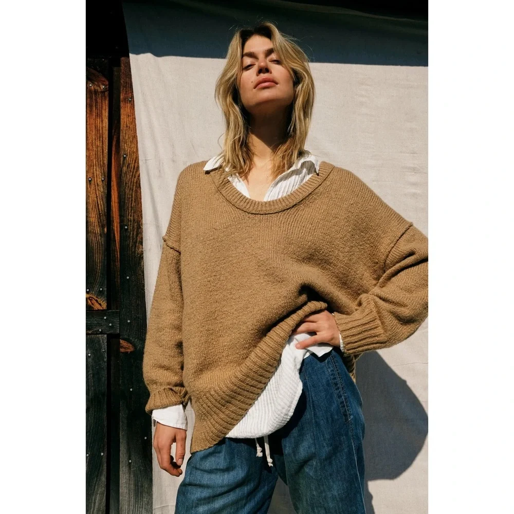 Free People Brookside Tunic Sweater Camel Tan Knit Oversized Sweater